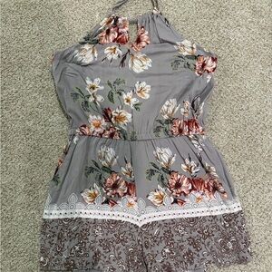 Angie Taupe Floral Halter Romper with Lace Hem